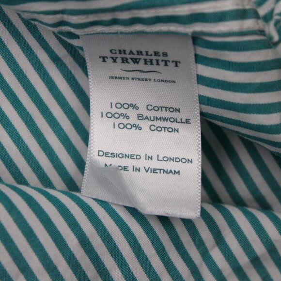 Charles Tyrwhitt Dress Shirt Mens 16 1/2, 34 Green/White Classic Fit L/S Button - Picture 9 of 13